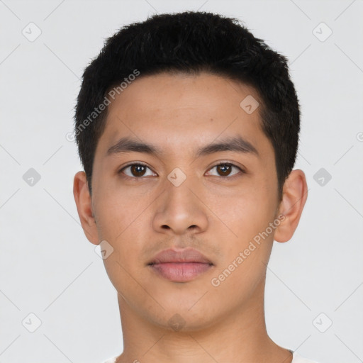 Neutral asian young-adult male with short  black hair and brown eyes