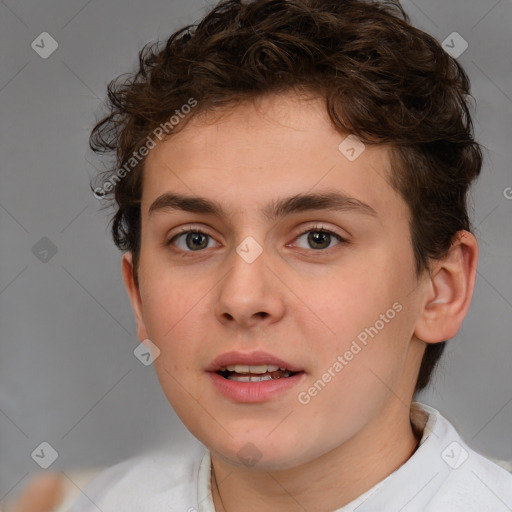 Joyful white young-adult male with medium  brown hair and brown eyes