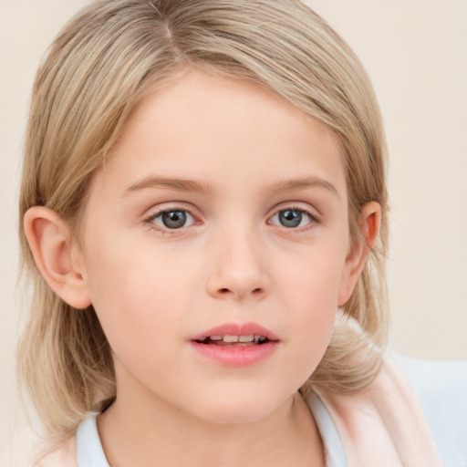 Neutral white child female with medium  brown hair and grey eyes