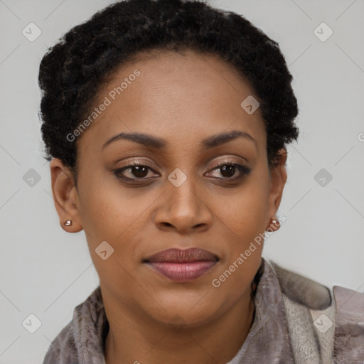 Joyful black young-adult female with short  brown hair and brown eyes