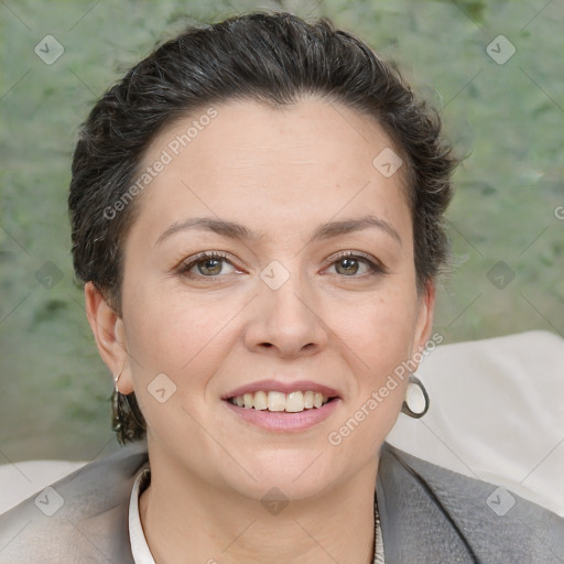 Joyful white adult female with short  brown hair and brown eyes