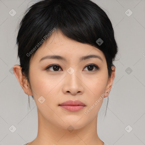 Neutral asian young-adult female with medium  brown hair and brown eyes