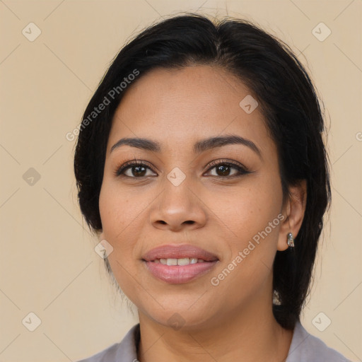 Joyful asian young-adult female with medium  brown hair and brown eyes