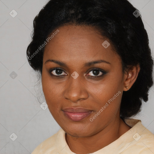 Joyful black young-adult female with medium  black hair and brown eyes