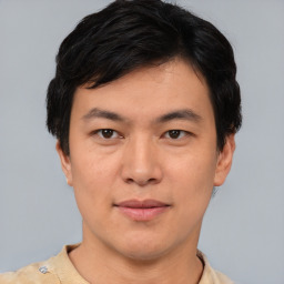 Neutral asian young-adult male with short  black hair and brown eyes