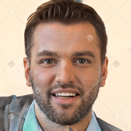 Joyful white young-adult male with short  brown hair and brown eyes