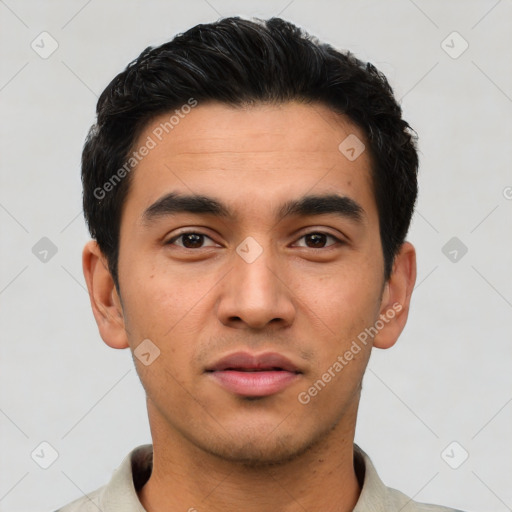 Neutral latino young-adult male with short  black hair and brown eyes