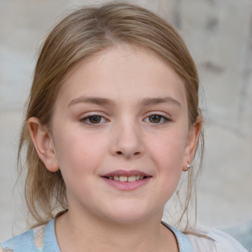 Joyful white child female with medium  brown hair and blue eyes