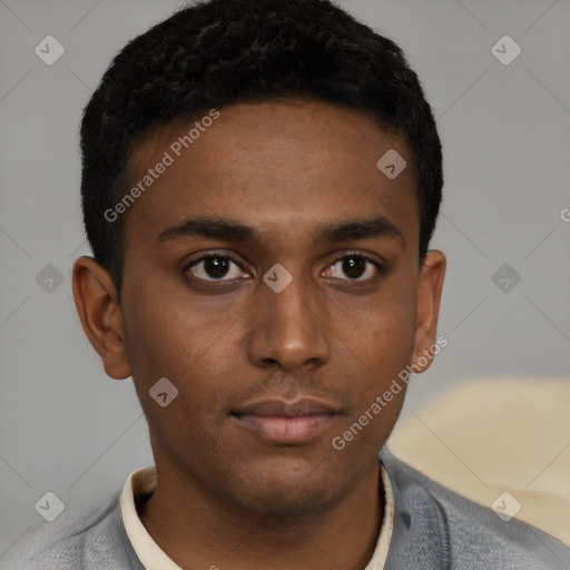 Neutral latino young-adult male with short  brown hair and brown eyes
