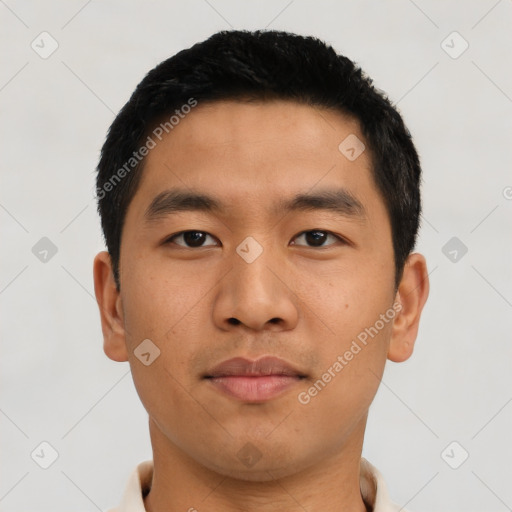 Neutral asian young-adult male with short  black hair and brown eyes