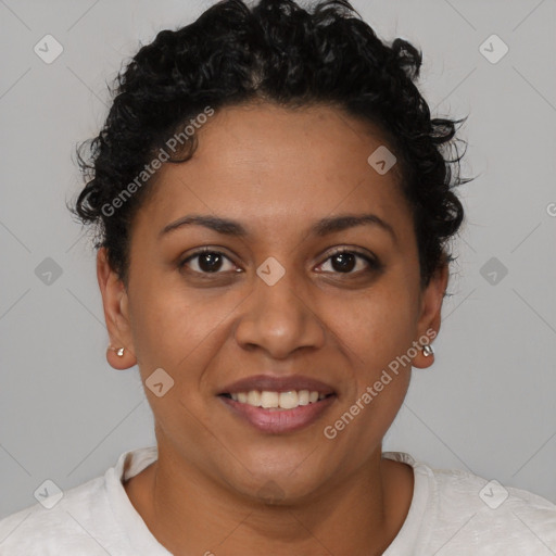 Joyful latino young-adult female with short  brown hair and brown eyes