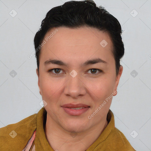 Joyful white young-adult female with short  brown hair and brown eyes