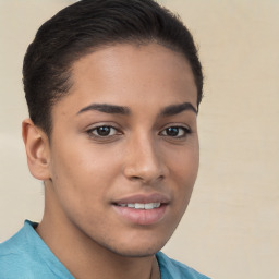 Joyful white young-adult female with short  brown hair and brown eyes