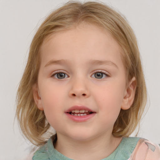 Joyful white child female with medium  brown hair and blue eyes