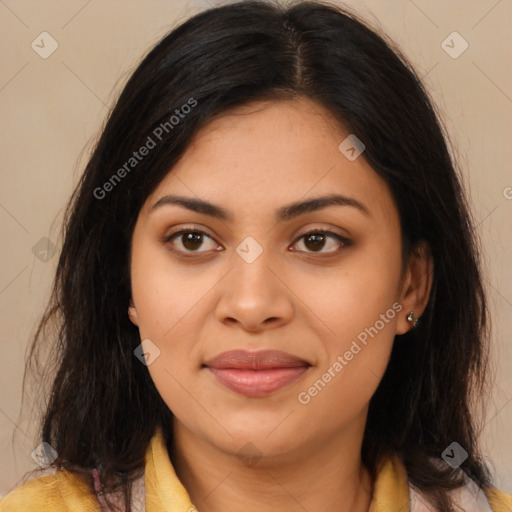 Joyful asian young-adult female with long  brown hair and brown eyes