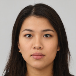 Neutral asian young-adult female with long  brown hair and brown eyes