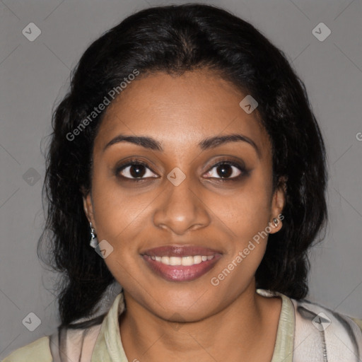 Joyful black young-adult female with medium  black hair and brown eyes