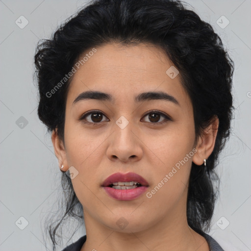 Joyful latino young-adult female with medium  black hair and brown eyes