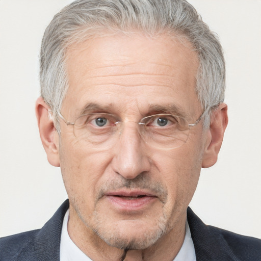 Neutral white middle-aged male with short  gray hair and blue eyes