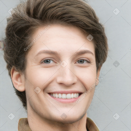 Joyful white young-adult female with short  brown hair and grey eyes