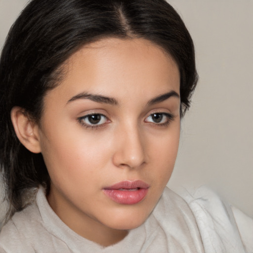 Neutral white young-adult female with medium  brown hair and brown eyes