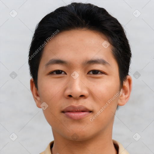 Neutral asian young-adult male with short  brown hair and brown eyes