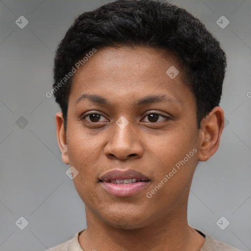 Joyful black young-adult female with short  brown hair and brown eyes