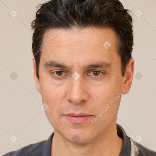 Neutral white adult male with short  brown hair and brown eyes