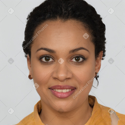 Joyful latino young-adult female with short  brown hair and brown eyes