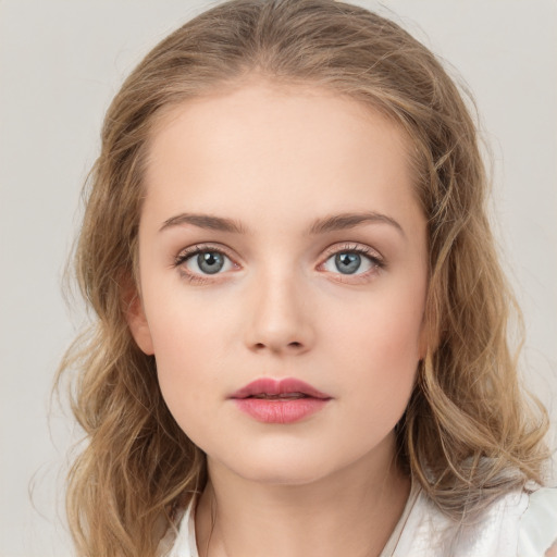 Neutral white child female with long  brown hair and brown eyes