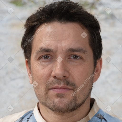 Neutral white adult male with short  brown hair and brown eyes