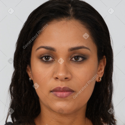 Neutral asian young-adult female with long  brown hair and brown eyes