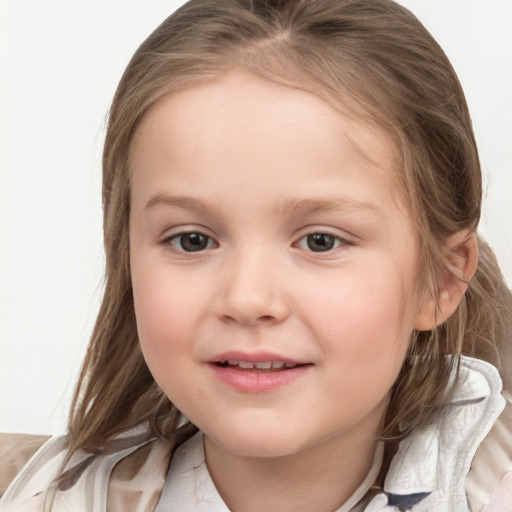 Joyful white child female with medium  brown hair and blue eyes