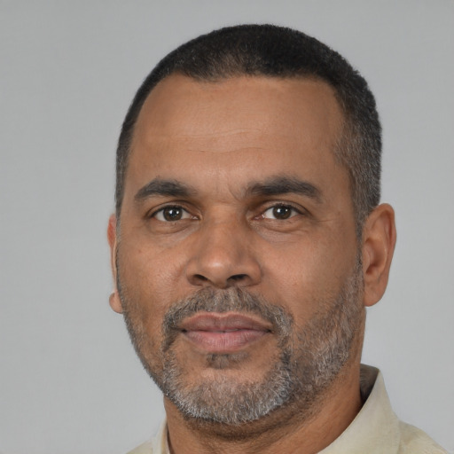 Neutral black adult male with short  black hair and brown eyes