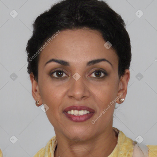 Joyful latino young-adult female with short  brown hair and brown eyes