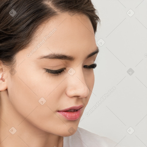 Neutral white young-adult female with medium  brown hair and brown eyes