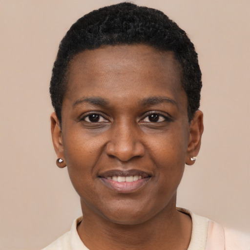 Joyful black young-adult female with short  black hair and brown eyes