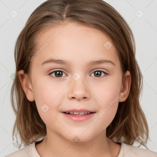 Joyful white child female with medium  brown hair and brown eyes