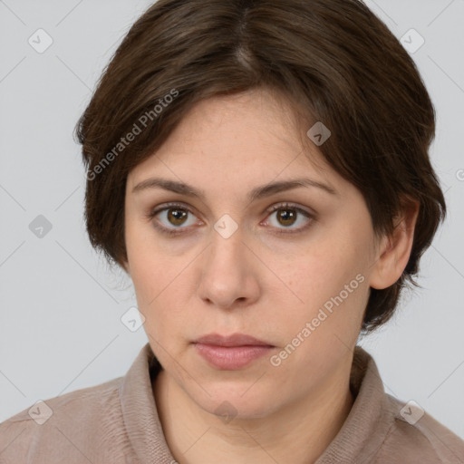 Neutral white young-adult female with short  brown hair and brown eyes