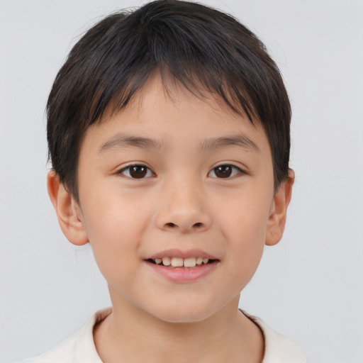 Joyful asian child male with short  brown hair and brown eyes