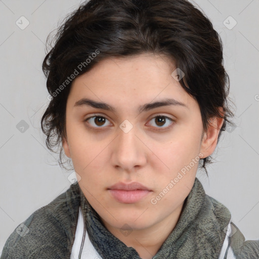 Neutral white young-adult female with medium  brown hair and brown eyes