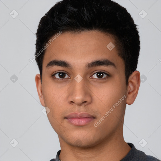 Neutral latino young-adult male with short  black hair and brown eyes