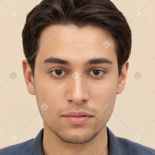 Neutral white young-adult male with short  brown hair and brown eyes