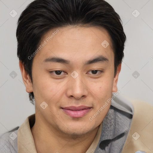 Joyful asian young-adult male with short  brown hair and brown eyes