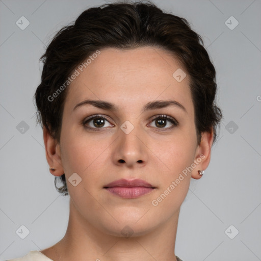 Neutral white young-adult female with short  brown hair and brown eyes