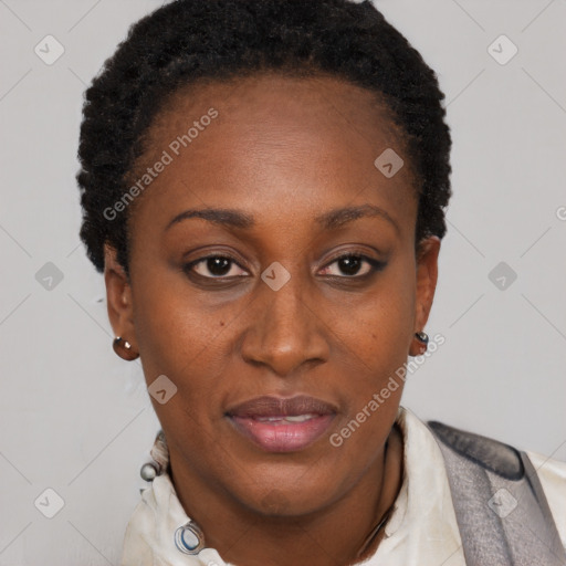 Joyful black adult female with short  black hair and brown eyes