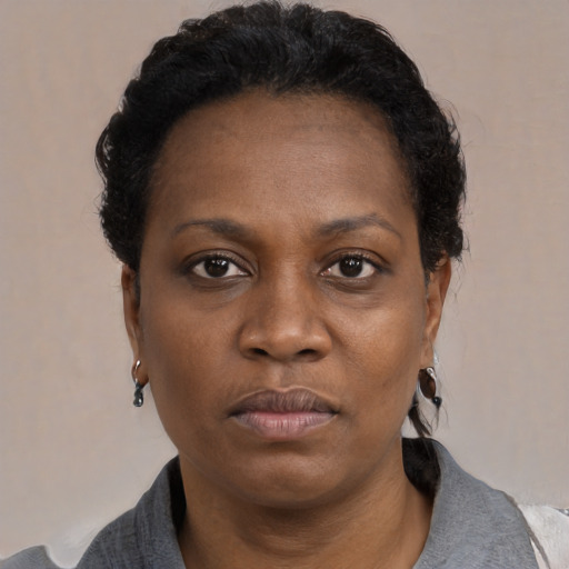 Neutral black adult female with short  black hair and brown eyes
