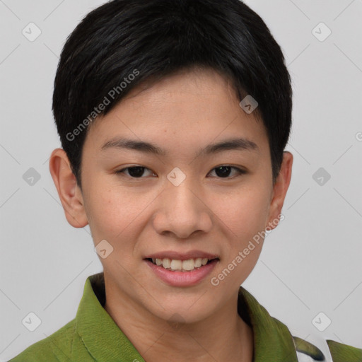 Joyful asian young-adult female with short  brown hair and brown eyes