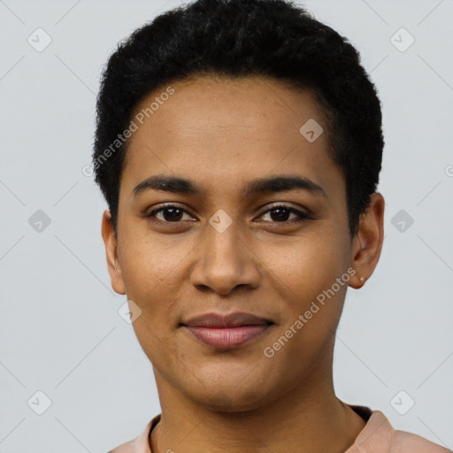 Joyful latino young-adult female with short  black hair and brown eyes