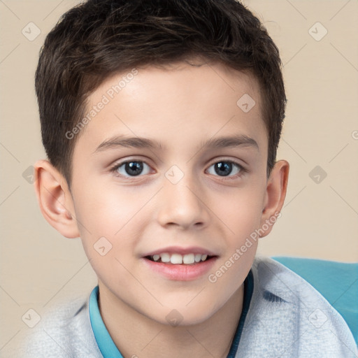 Joyful white child male with short  brown hair and brown eyes